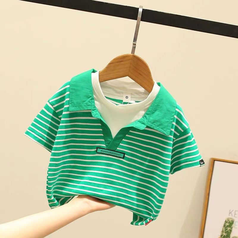 Boys lapel striped short-sleeved T-shirt children's summer clothes 2023 new children's baby half-sleeved fake two-piece POLO shirt