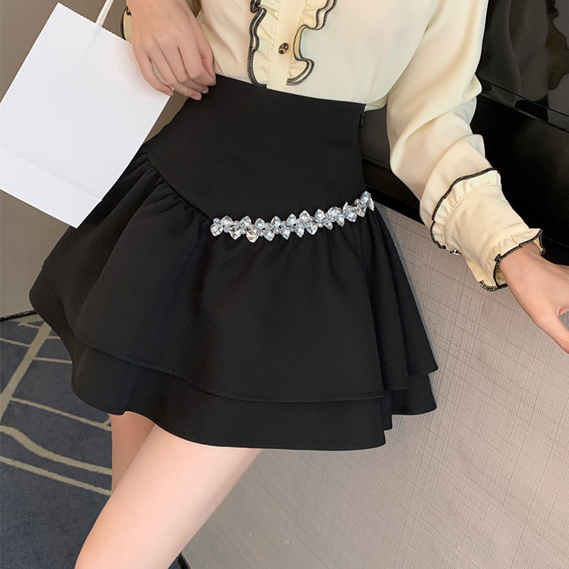 A-line skirt women's anti-exposure niche  spring white high-waisted short skirt slimming puffy skirt