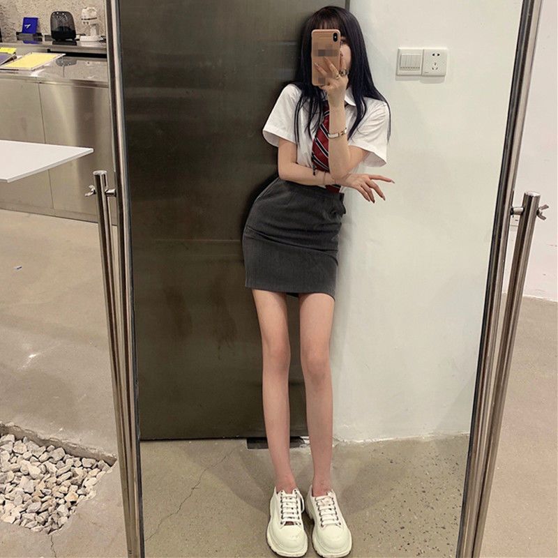 Ins net red style small college wind Polo tie shirt short-sleeved top gray high waist bag hip skirt suit
