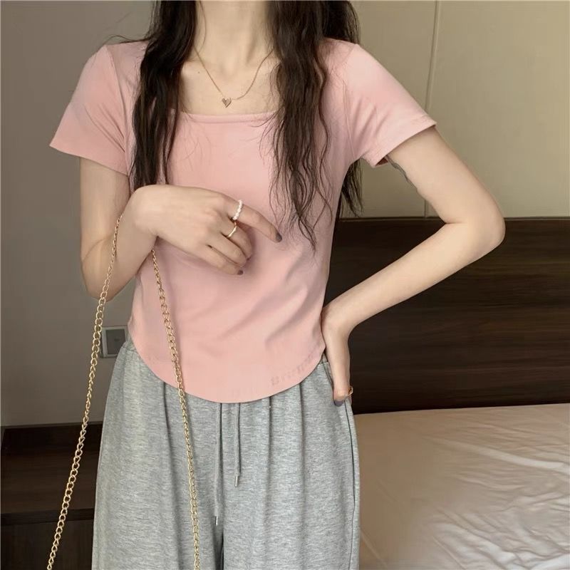Summer 2023 new hot girl pure lust style slimming solid color irregular short-sleeved T-shirt inner top for women