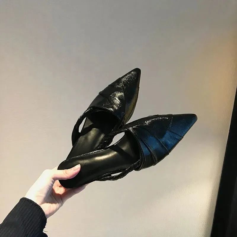 2022新款早春氣質褶皺尖頭拖鞋低跟網紅外穿韓版半包頭穆勒鞋女