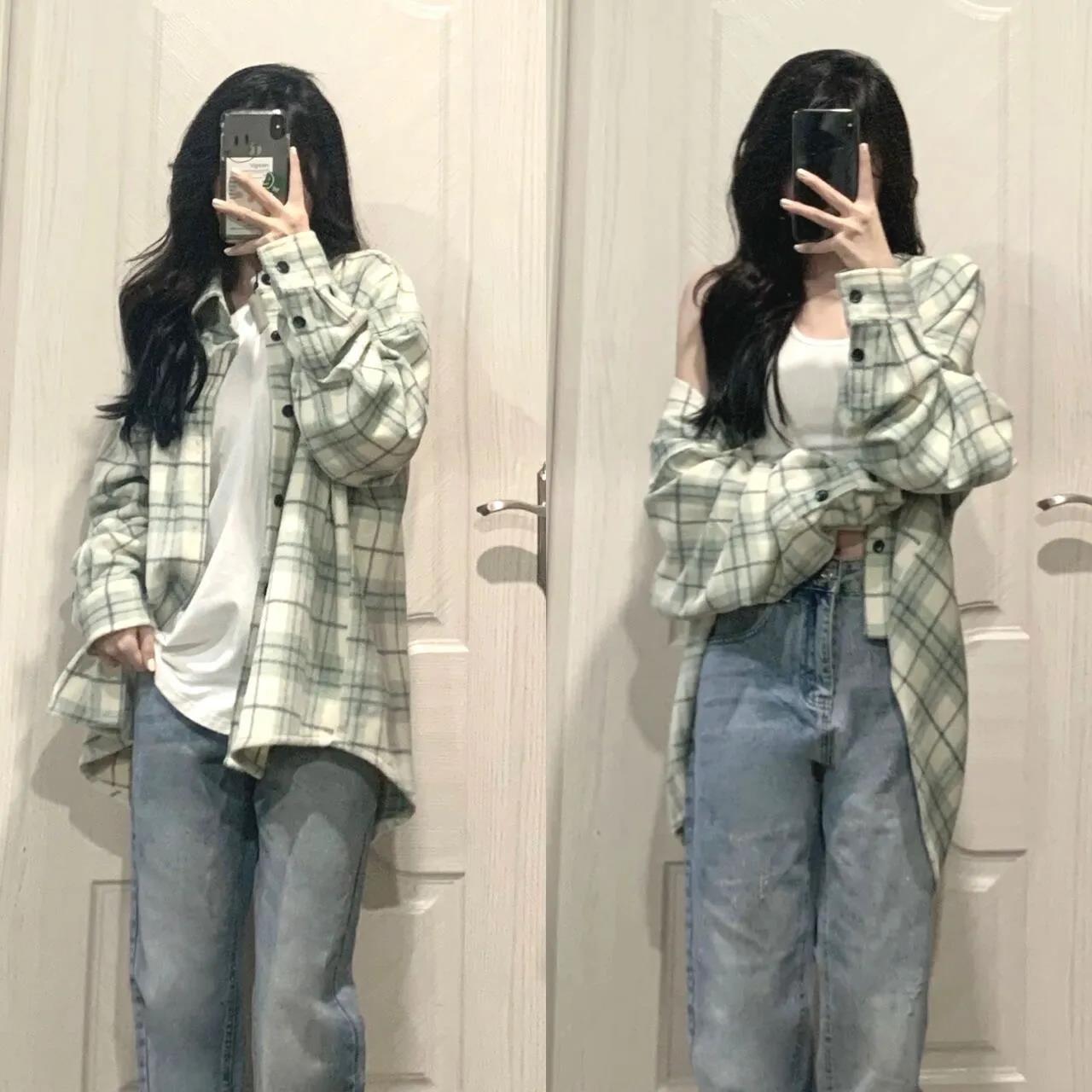 Spring and autumn plaid shirt female students wear inside and outside niche design tops loose lazy Hong Kong style drape jacket