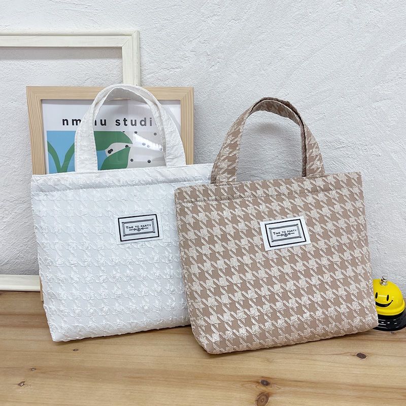  New Canvas Bag Female Houndstooth Cosmetic Bag Lunch Box Portable Bento Work Small Carry Bag Washing Bag