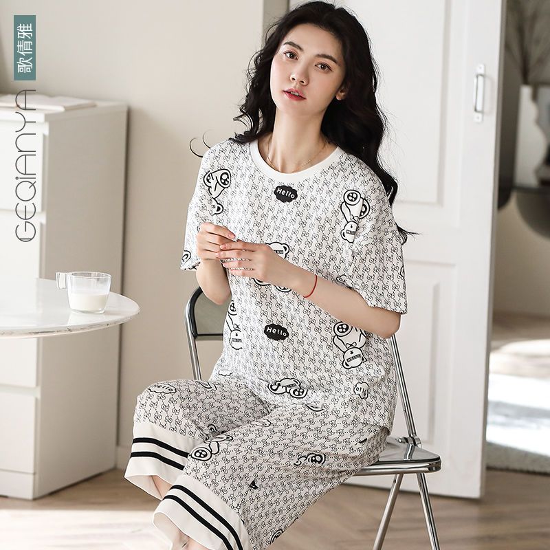 Geqianya 100% pajamas women's summer pure cotton casual short-sleeved cropped pants Korean version thin section summer home service women's suit