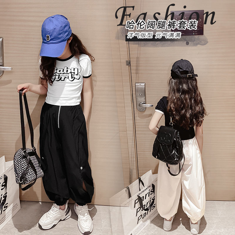 Black and white harem pants suit summer thin section foreign style new middle and big children T-shirt pants two-piece set