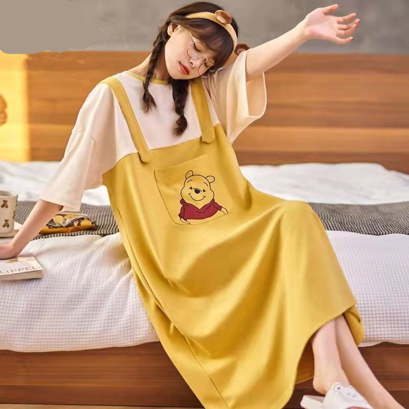 Cotton nightdress women's summer short-sleeved cute cartoon Disney co-branded over-the-knee skirt long section can be worn outside home clothes