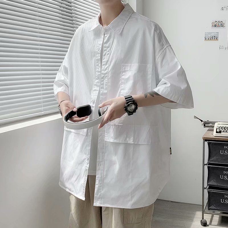 Summer Japanese retro striped short-sleeved shirt men's Hong Kong style ins tide brand thin section loose casual student shirt