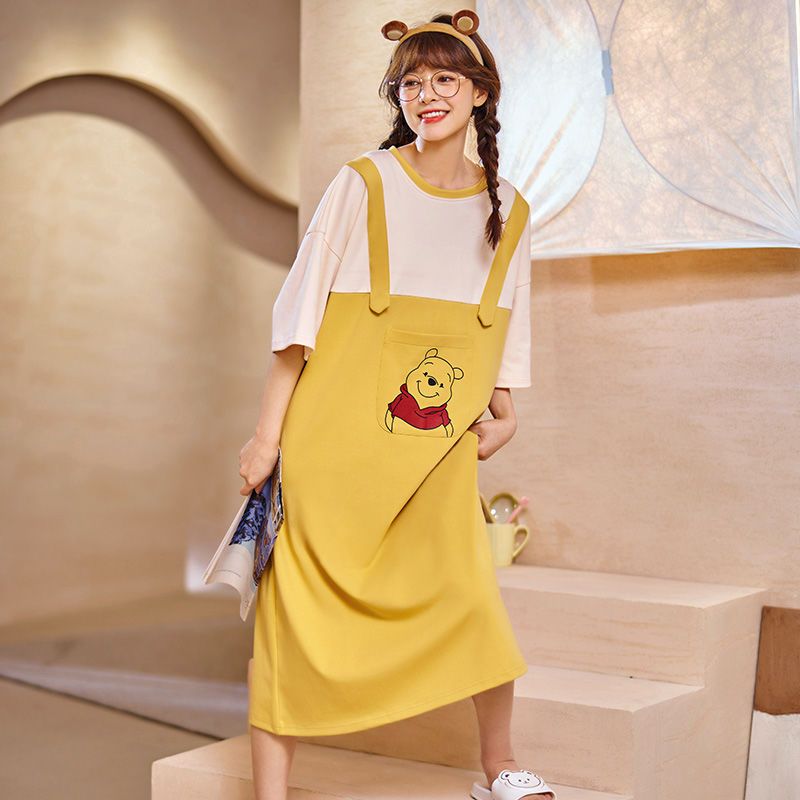 Cotton nightdress women's summer short-sleeved cute cartoon Disney co-branded over-the-knee skirt long section can be worn outside home clothes