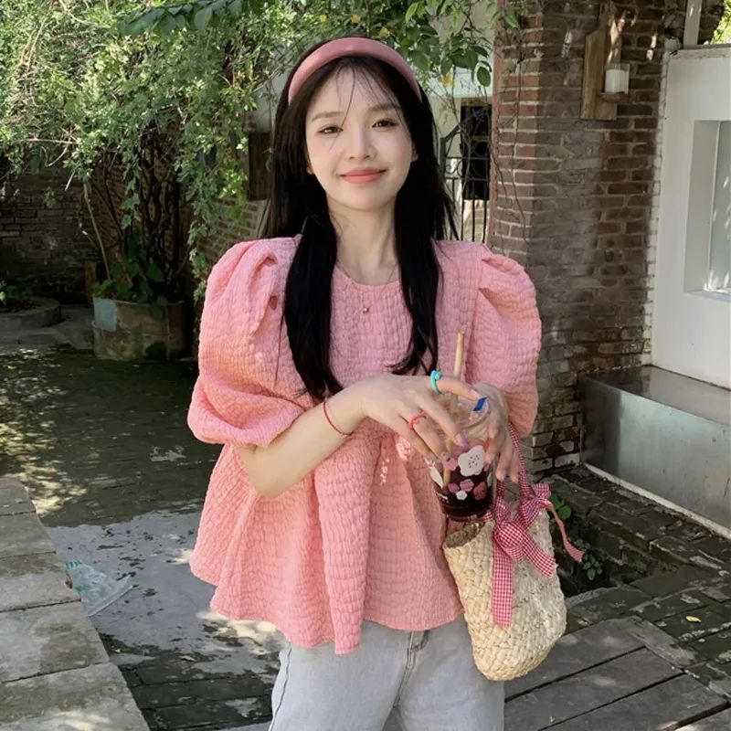Puff sleeves, small fragrance shirt, women's spring and summer 2023 new sweet design, lace-up temperament, age-reducing short-sleeved top