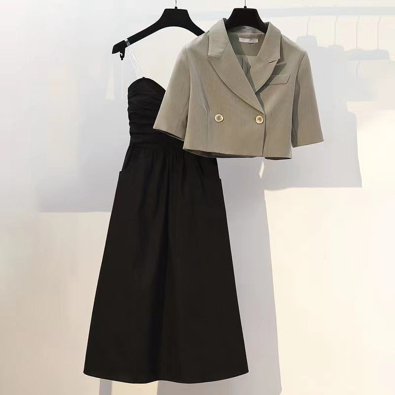 Fashion suit female summer Korean style foreign style small suit thin jacket cover belly slim suspender dress two-piece set