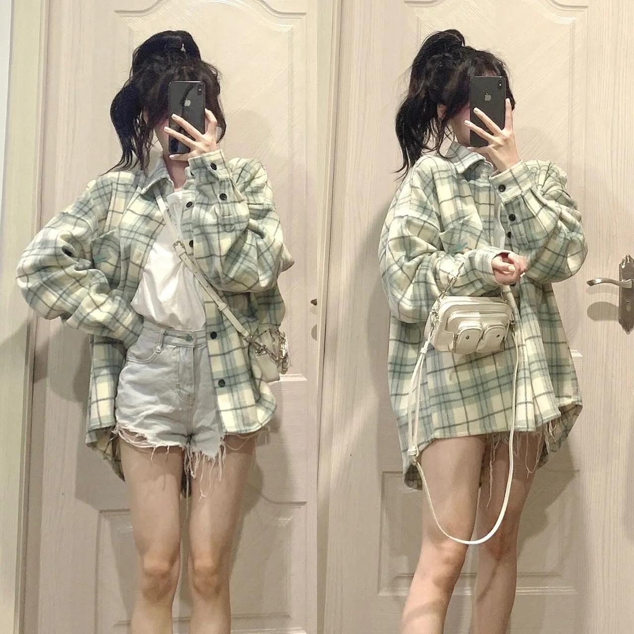 Spring and autumn plaid shirt female students wear inside and outside niche design tops loose lazy Hong Kong style drape jacket