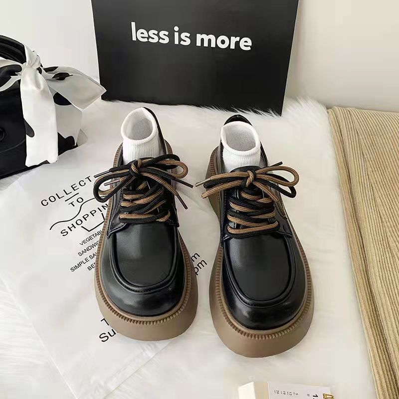 British style small leather shoes women's spring  new versatile platform muffin lace up round head Japanese JK Mary Jane shoes