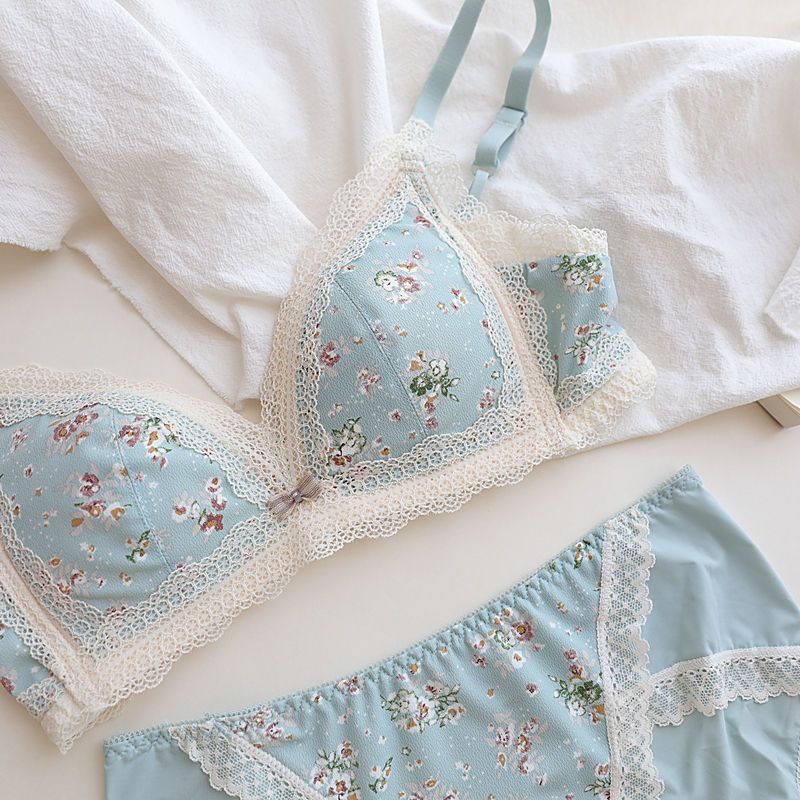 French Floral Girls Underwear Set Small Breast Special Gathered Anti-Sagging No Steel Ring Sweet Triangular Cup Bra