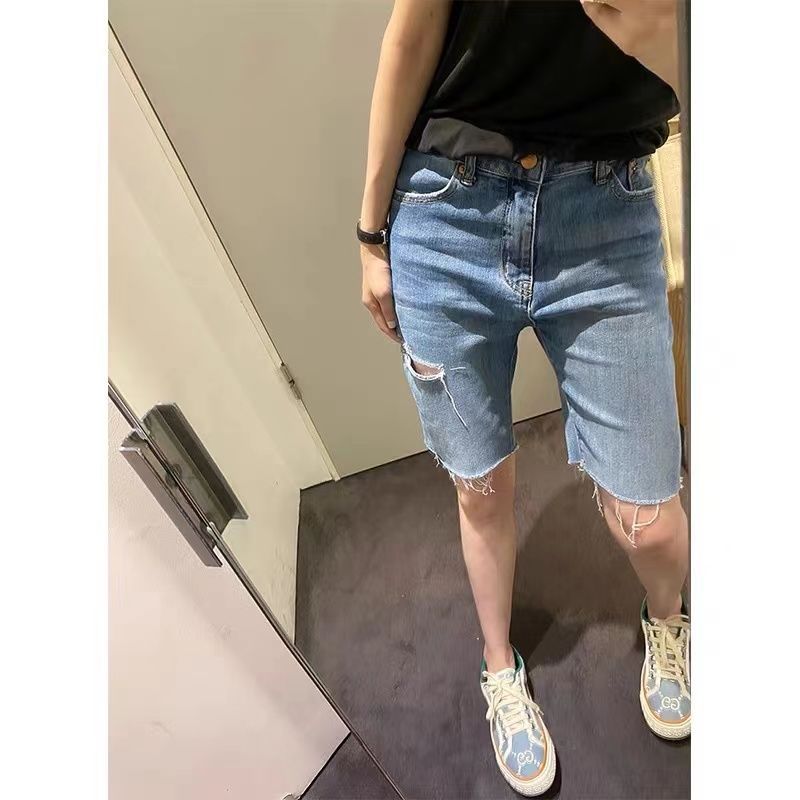 短褲女夏大碼薄款高腰顯瘦百搭中褲胖妹妹個性直筒破洞牛仔五分褲