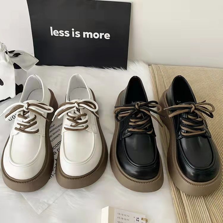 British style small leather shoes women's spring  new versatile platform muffin lace up round head Japanese JK Mary Jane shoes