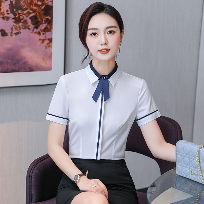 短袖襯衫女設計感小眾別致上衣夏季撞色拼接翻領白襯衣工作服工裝
