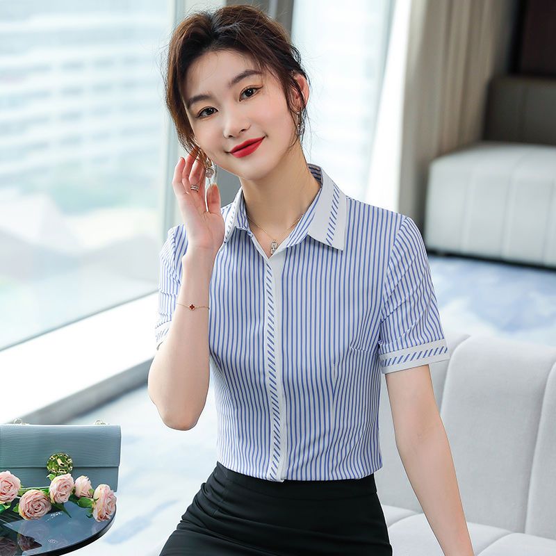 藍色條紋襯衫女短袖翻領職業上衣夏季時尚氣質洋氣襯衣工作服工裝