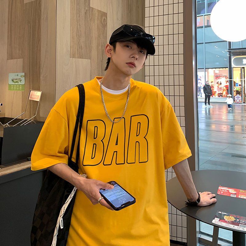Summer Korean version of the short-sleeved T-shirt men's loose small fresh letter printing ins trend couple casual simple five-quarter sleeves