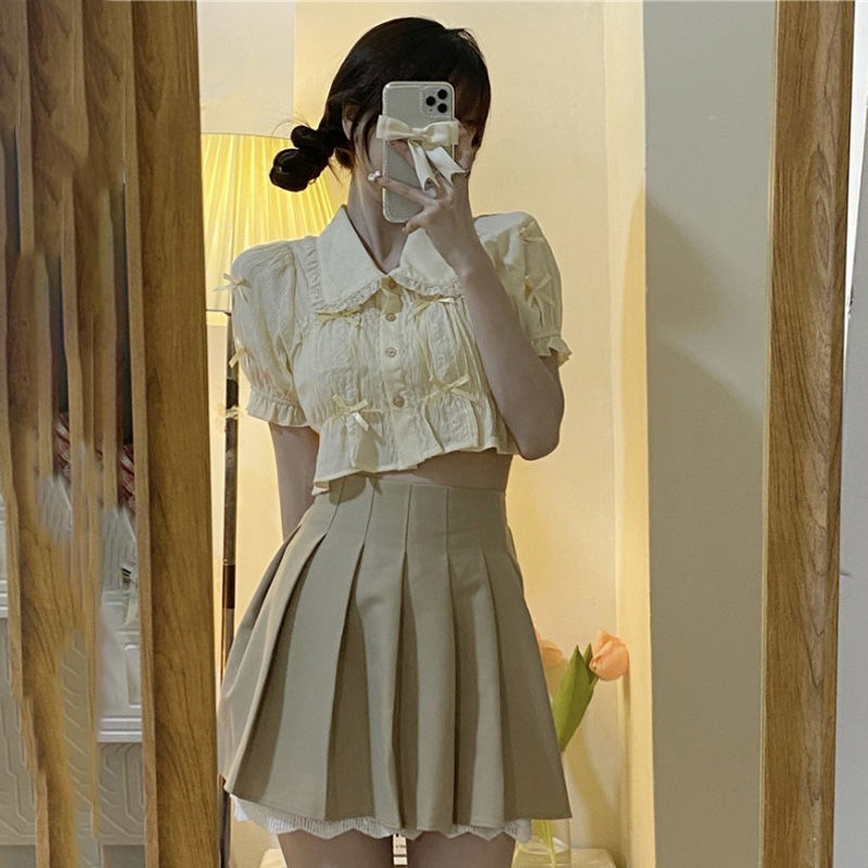 韓系少女復古蕾絲花邊娃娃領泡泡袖短款上衣+百褶半身裙套裝夏季