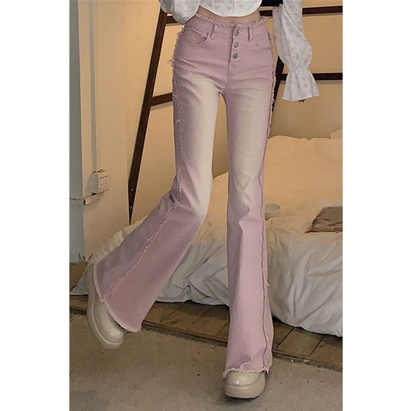 Large size pink raw edge stitching denim bell-bottom pants for fat mm women spring 2022 new high-waist slim stretch trousers