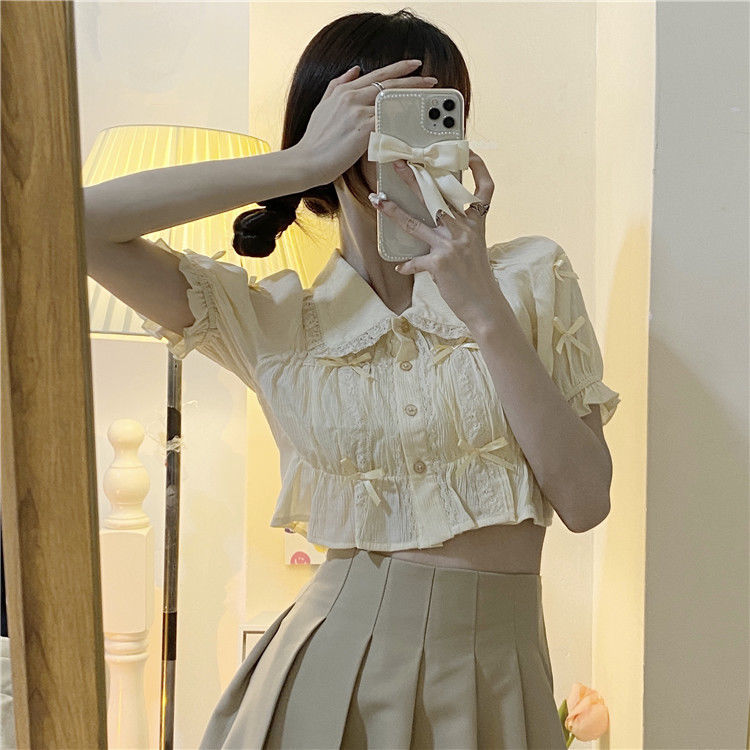 韩系少女复古蕾丝花边娃娃领泡泡袖短款上衣+百褶半身裙套装夏季
