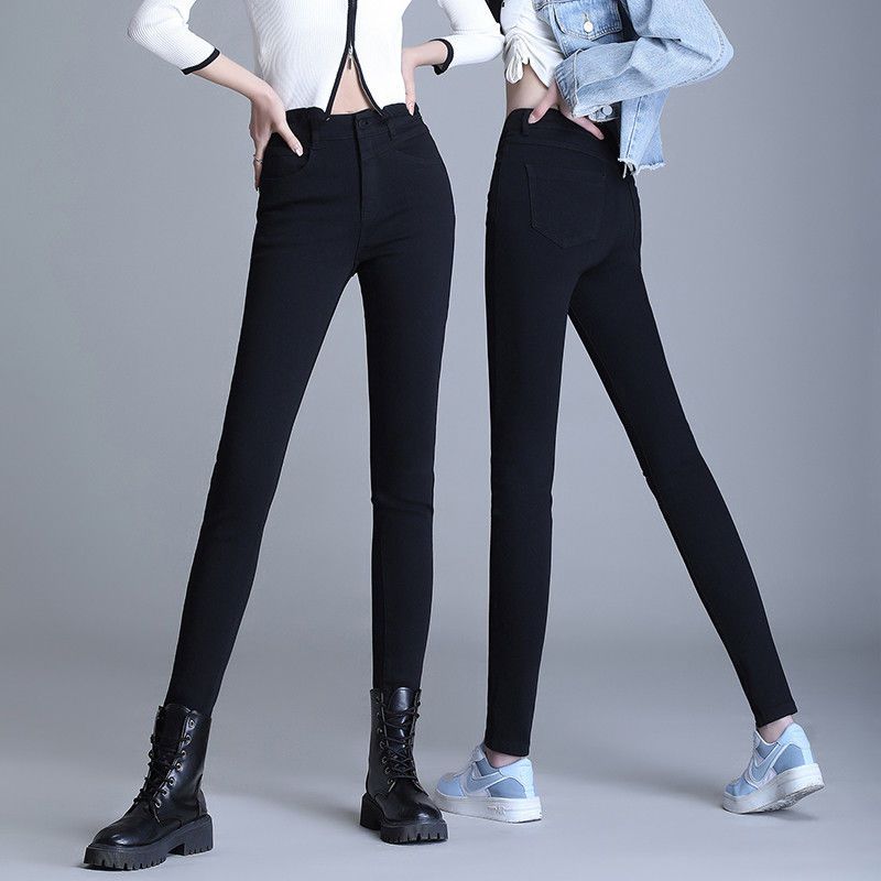 Black high-waisted jeans women's 2022 autumn and winter new slimming skinny elastic feet trousers with velvet and thickening