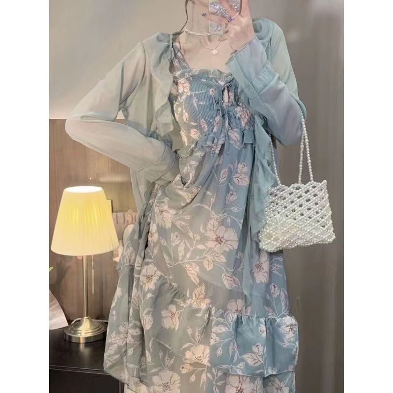 Summer soft Chiffon floral dress long high-end feeling with sunscreen cardigan suspender skirt two-piece set
