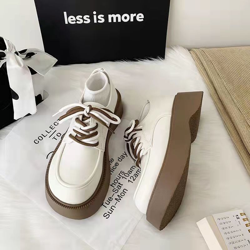 British style small leather shoes women's spring  new versatile platform muffin lace up round head Japanese JK Mary Jane shoes