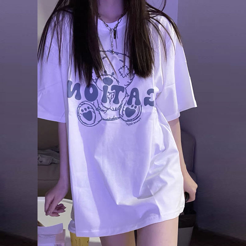 100% cotton 2023 new bear short-sleeved t-shirt female trendy ins student Korean version loose mid-length BF top summer