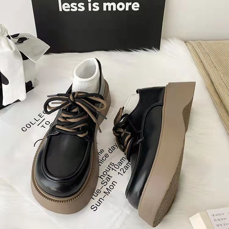 British style small leather shoes women's spring  new versatile platform muffin lace up round head Japanese JK Mary Jane shoes