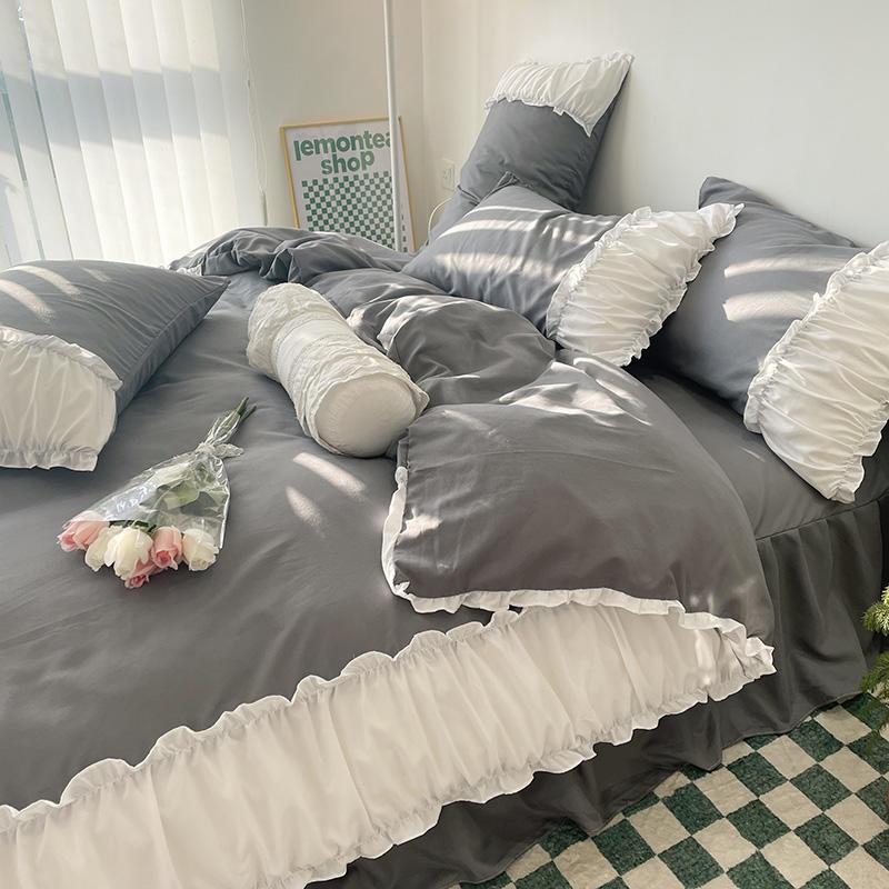 High value net red Japanese lace tulip quilt cover bed skirt four piece single dormitory bed sheet Three Piece Bedding Set