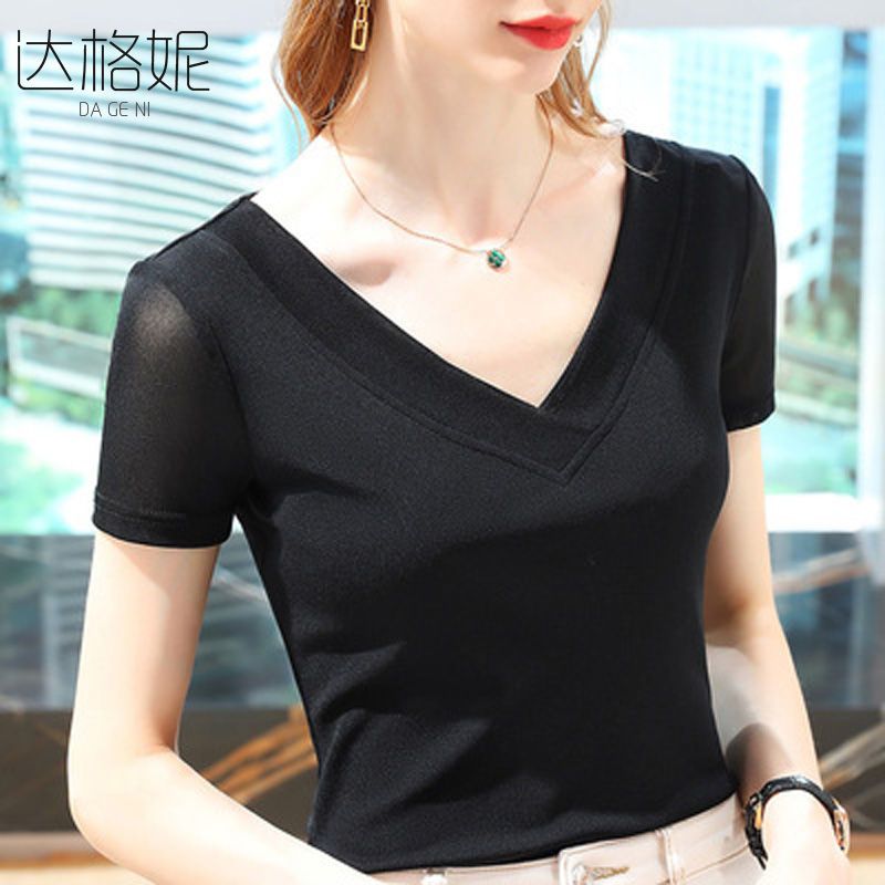 V-neck short-sleeved t-shirt women's 2022 summer new women's clothing high-end mesh slim bottoming shirt temperament fashion top