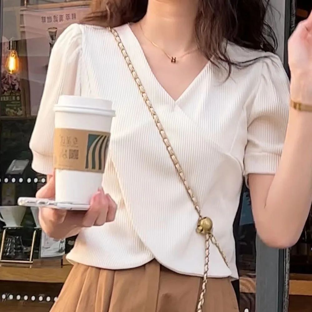 Spring and summer short V-neck cross design top women's 2022 new ins style student sweet thin small shirt jacket