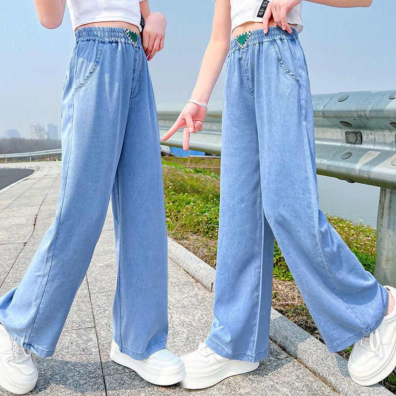 女童褲子夏季薄款2022新款中大童寬鬆天絲闊腿褲防蚊褲兒童牛仔褲