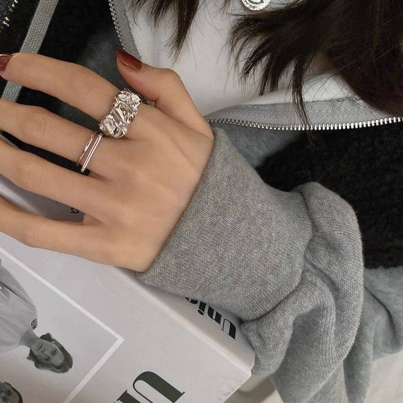 Geometric two-piece ring women's retro high-end light luxury fashion personality ring simple and cold wind jewelry