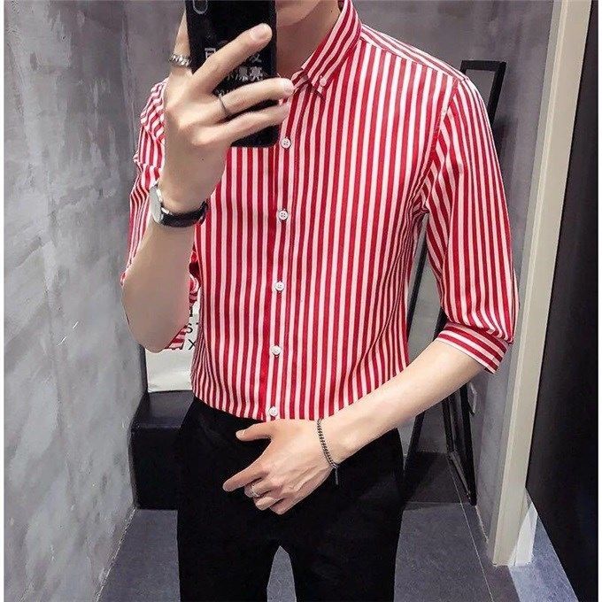 New men's short-sleeved shirt summer thin section Korean version of slim three-quarter-sleeve striped shirt male youth half-sleeved shirt