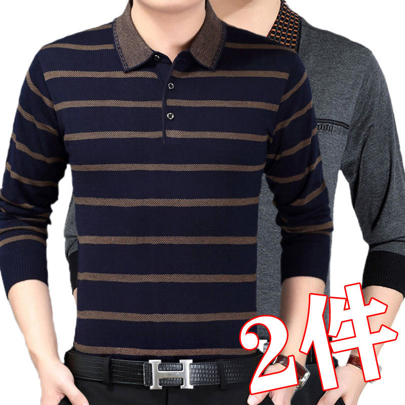 2 pieces of spring and autumn new middle-aged and elderly long-sleeved T-shirt men's solid-color cotton lapel POLO shirt dad wear striped bottoming shirt