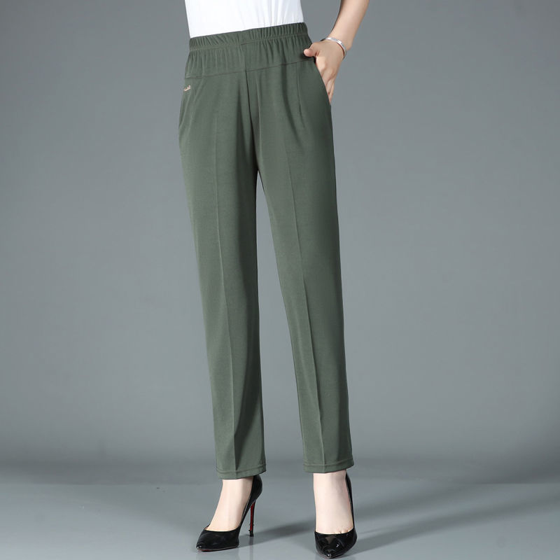 Middle-aged and elderly women's pants summer thin casual mother pants high waist elastic large size straight pants solid color old pants