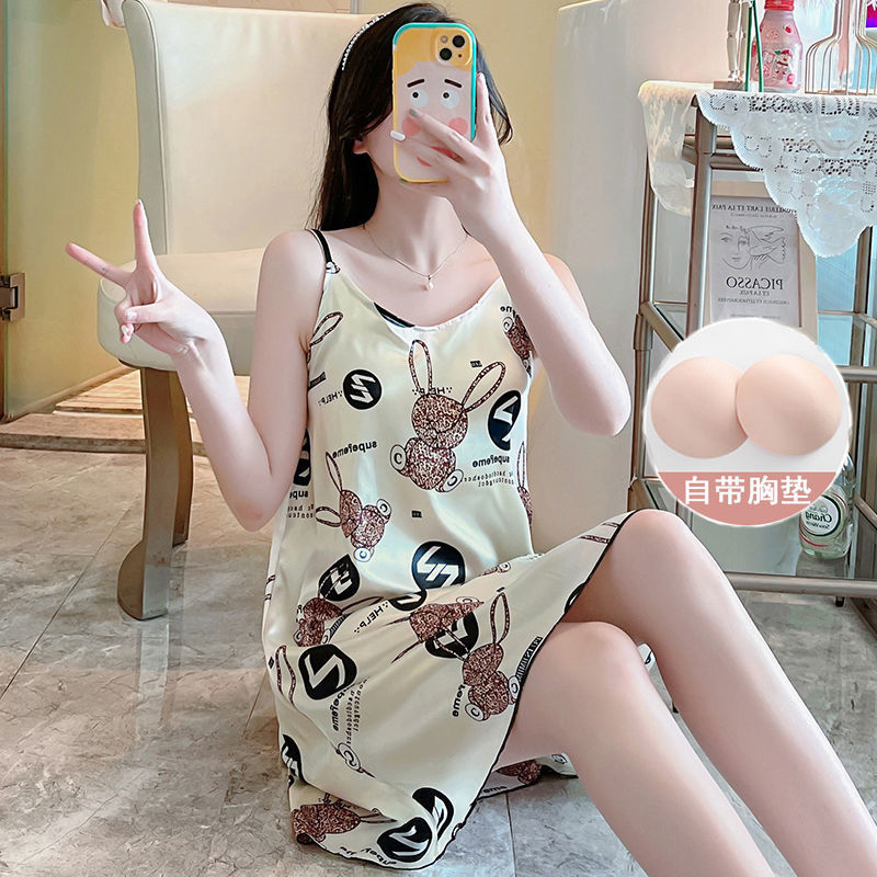 Pajamas with chest pads for women Xia Bingsi sling nightdress sexy nightdress female cartoon Korean version of real silk girl home service