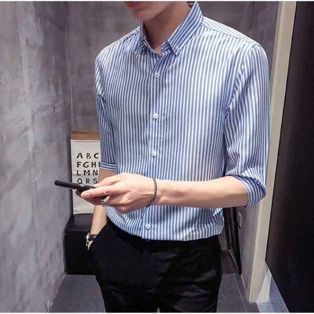New men's short-sleeved shirt summer thin section Korean version of slim three-quarter-sleeve striped shirt male youth half-sleeved shirt