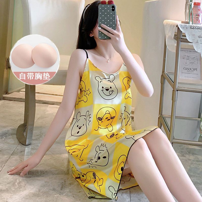 Pajamas with chest pads for women Xia Bingsi sling nightdress sexy nightdress female cartoon Korean version of real silk girl home service