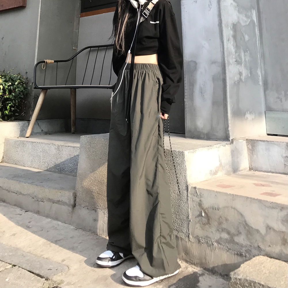 Cool pull girl army green lazy wind loose wide leg leggings overalls vibe wind elastic waist