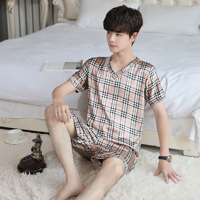 Spring and summer ice silk pajamas men's short sleeve thin style loose large men's imitation silk two piece suit home clothes summer