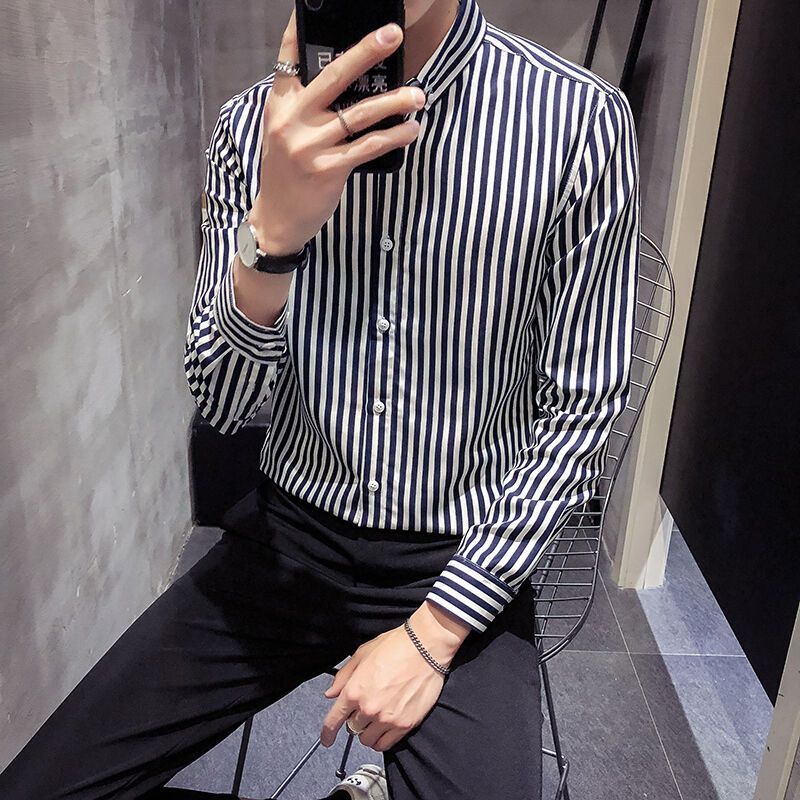 New men's short-sleeved shirt summer thin section Korean version of slim three-quarter-sleeve striped shirt male youth half-sleeved shirt