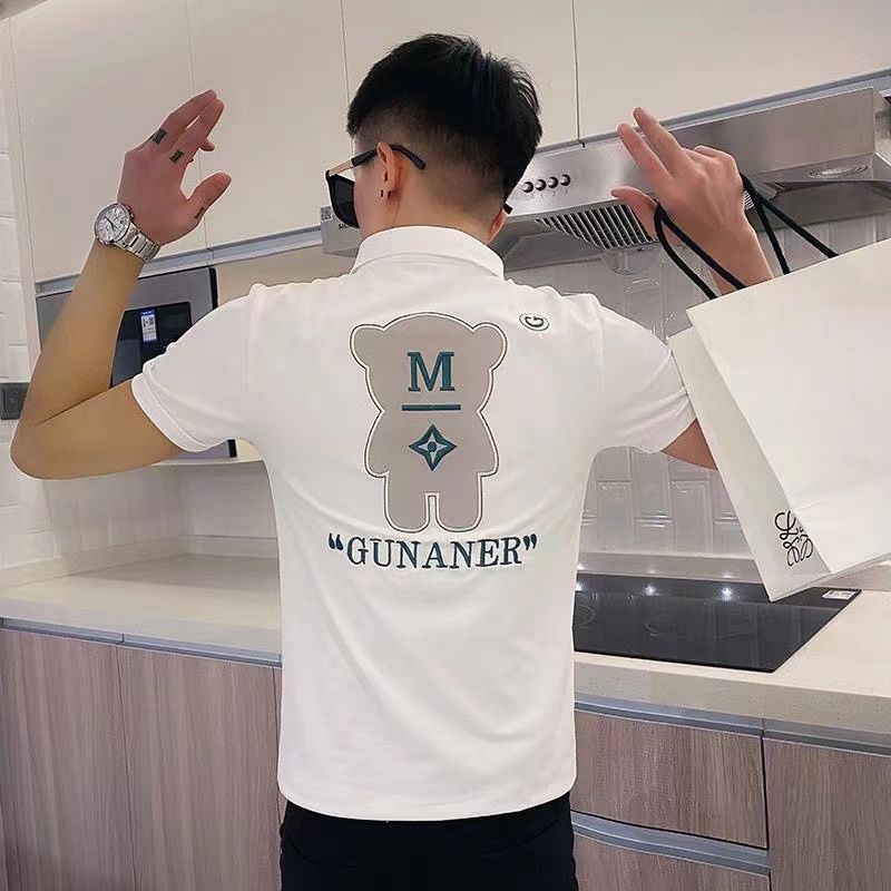 165684-夏季男士t恤polo衫短袖翻领修身半袖刺绣小熊休闲ins潮牌潮流体恤-详情图