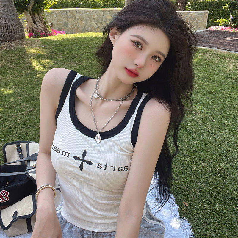 Sweet hot girl hits color inside and outside wearing camisole vest female summer slim letter printing tight bottoming shirt top