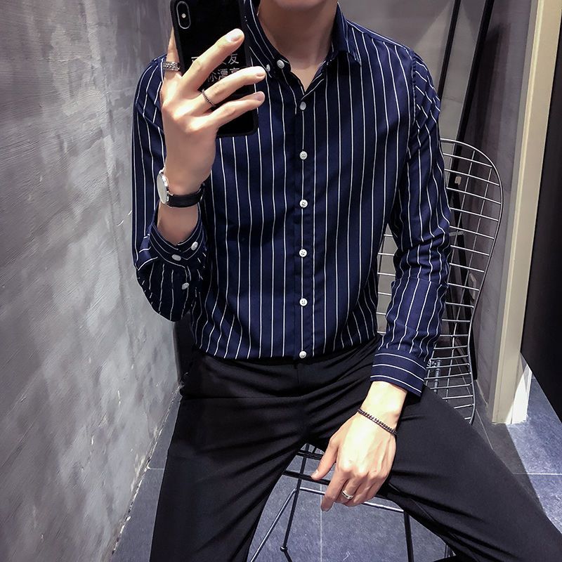 New men's short-sleeved shirt summer thin section Korean version of slim three-quarter-sleeve striped shirt male youth half-sleeved shirt