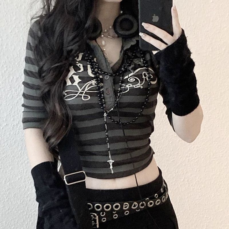 Dark punk striped lapel-breasted street babes long-sleeved T-shirt slim-fit thread short section slim top summer