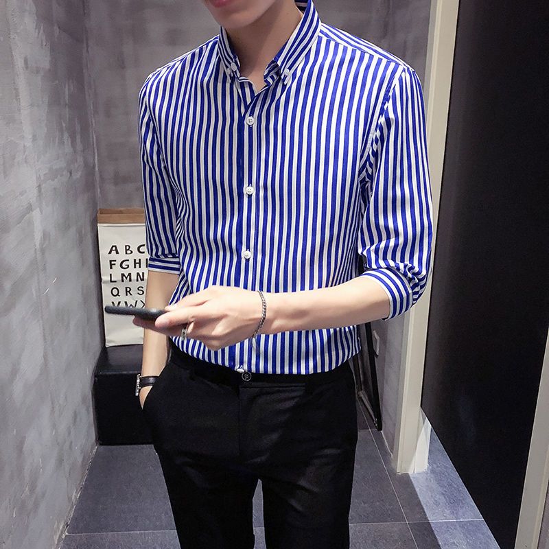 New men's short-sleeved shirt summer thin section Korean version of slim three-quarter-sleeve striped shirt male youth half-sleeved shirt