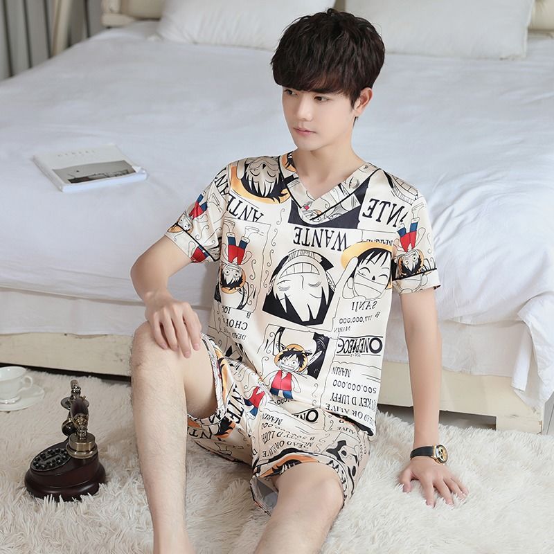 Spring and summer ice silk pajamas men's short sleeve thin style loose large men's imitation silk two piece suit home clothes summer